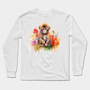 Watercolor picture of a cute little monkey with beautiful colored flowers. Long Sleeve T-Shirt